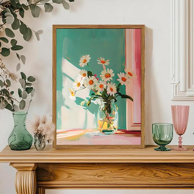 Framed Moody Floral Canvas Wall Art, Vintage Daisy Flower Pictures Wall Decor, Rustic Wildflower Paintings Prints Cottagecore Home Decor for Living Room Bedroom Bathroom 12x16 inch