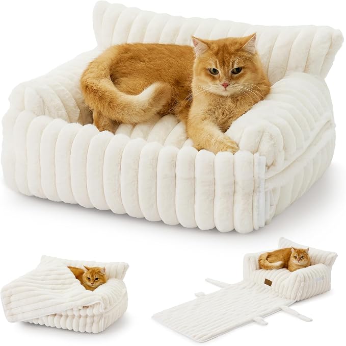 COZY KISS Cute Cat Bed with Removable Cover, Multifunctional Plush Faux Fur Pet Couch Bed with Blanket, Ultra-Soft Pet Furniture for Cats & Small Dogs (Cream, S: 25''x18'')