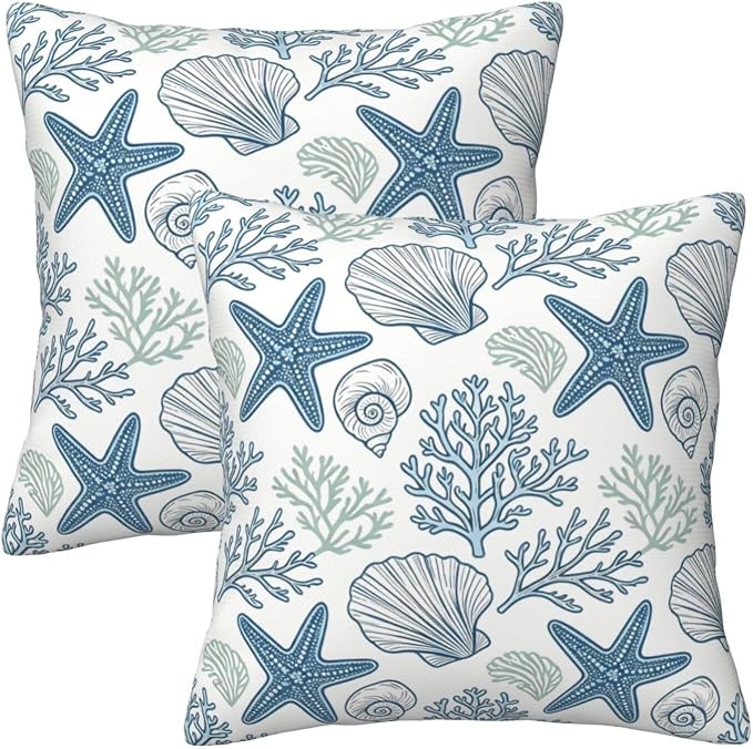 Coastal Starfish Shell Throw Pillow Covers 18x18 Set of 2 Nautical Beach Square Cushion Cases