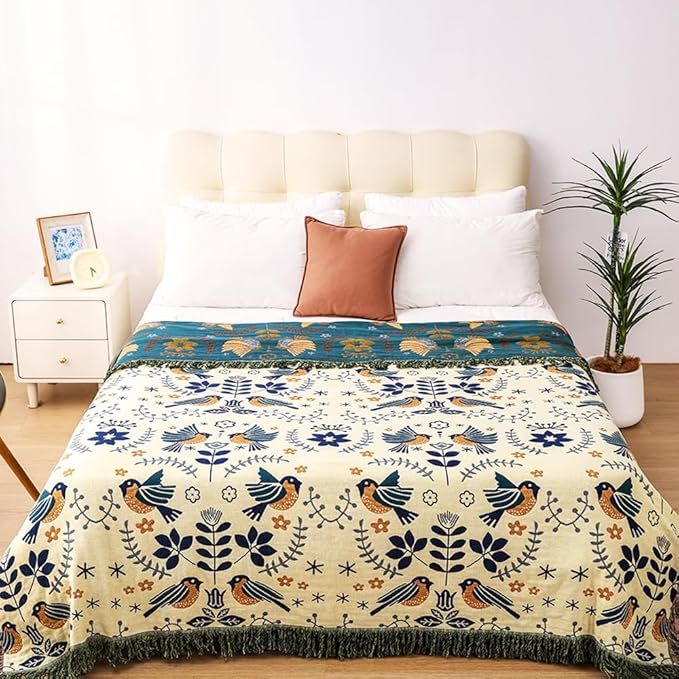 VANJOROY Boho Sofa Bed Large Throw Blanket, Ultra Soft Luxury King Throw Quilt, 100% Organic Cotton Reversible Bohemian Throw for Couch Chair Bedspread and Gift, 91" x 98"-Teal