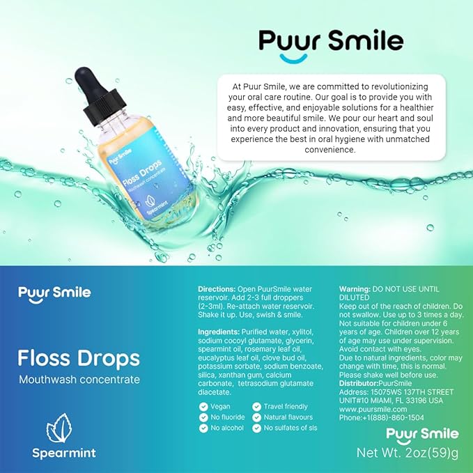 Puur Smile Concentrated Floss Drop Serum – 2oz Concentrated Mouth Wash to Use in Water Flosser | Natural Essentials Promotes Good Breath | Organic Spearmint Drop Supports Good Oral Health