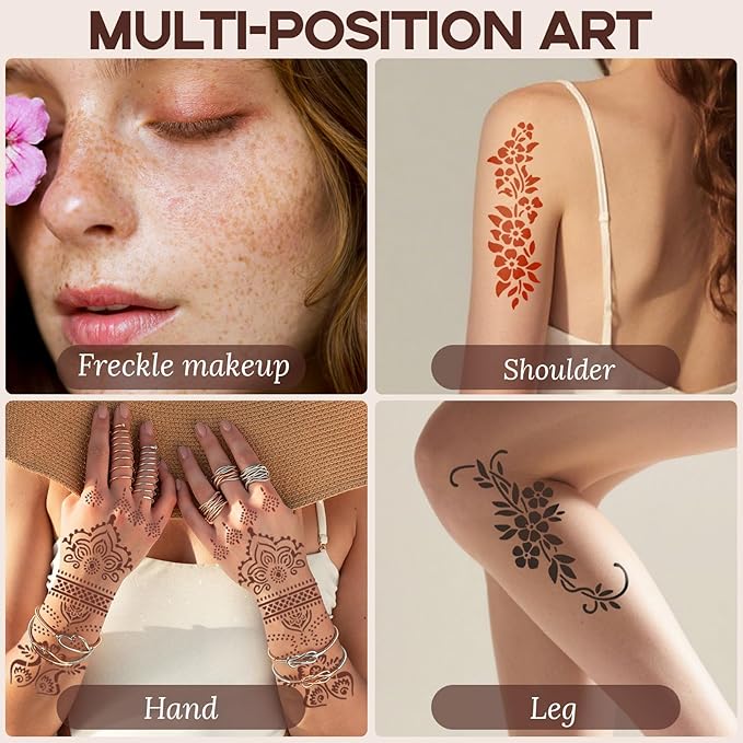 Temporary Tattoo Stencil Kit 10 Sheets, 6 Pcs Tattoo Cones 3 Color (Black/Brown/Cherry Red) with Brush/cotton swabsTool, India Art Skin Painting Designs for Women Men Kids DIY Gifts