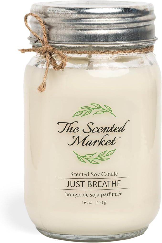 The Scented Market Aromatherapy Soy Wax Candle Just Breathe 16 oz Mason Jar, Over 100 Hours of Burn Time, Ideal for Your Home and Gift Giving.