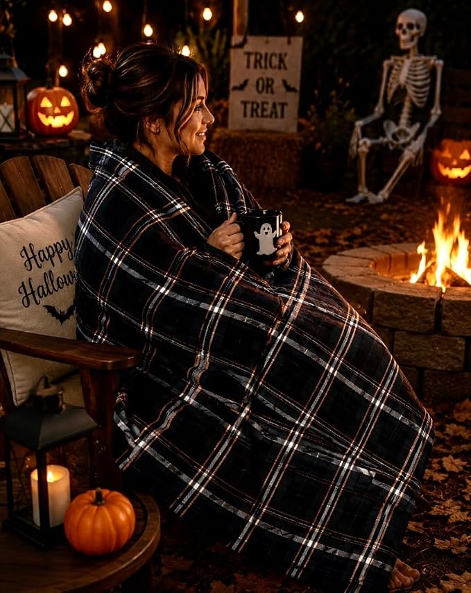 Halloween Fall Fleece Throw Blanket, Black White Orange Plaid, 50x60 | Ultra-soft cozy flannel fleece, for sofa bed couch chair & dorms, spooky Halloween décor, durable and machine washable.