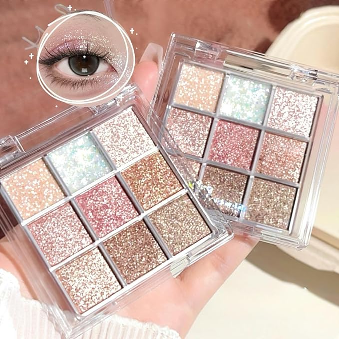 9 Colors Glitter Shimmer Eyeshadow Makeup Palette, Korean Natural Eye Shadow Palettes Highly Pigmented Long Lasting Waterproof Blendable sombras para ojos Pink Golden Brown Women Girls Eye Shadow