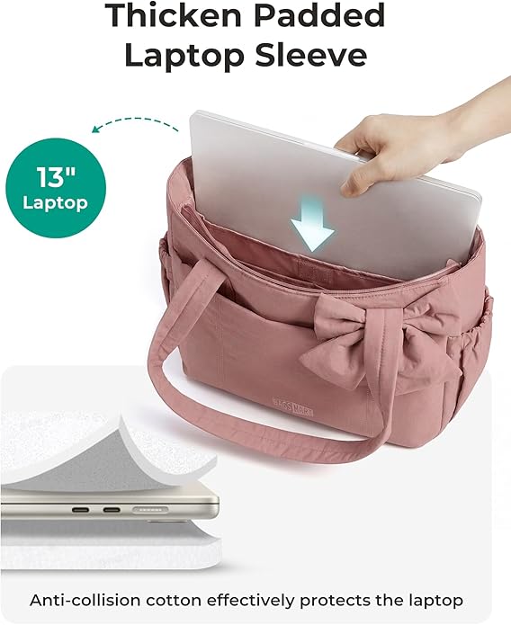 BAGSMART Crush Bow Tote Bag for Women, Puffer Travel Work Yoga Laptop Bag | Large Bow Tote Fits 40oz Tumbler, 15.6" Laptop, Yoga Mat Sleeve, Waterproof Pocket, Travel Work Swim Gym Mom Shoulder Handbag