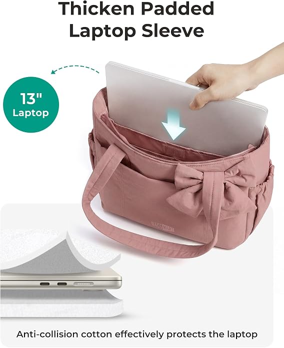 BAGSMART Crush Bow Tote Bag for Women, Puffer Travel Work Yoga Laptop Bag | Large Bow Tote Fits 40oz Tumbler, 15.6" Laptop, Yoga Mat Sleeve, Waterproof Pocket, Travel Work Swim Gym Mom Shoulder Handbag