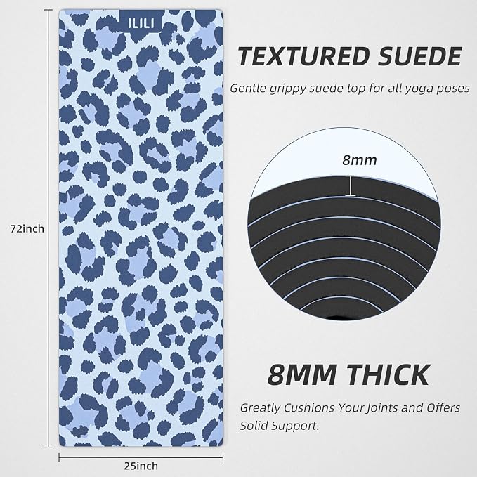 ILILI Yoga Mat Leopard Print Yoga Mat 8mm, Suede & TPE Thick Exercise Mat, Workout Mat for Women Men, 72''x25'' Fitness Mat with Strap for Home Gym, Yoga, Pilates, Stretching
