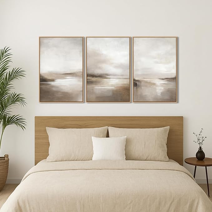 SAFERRYHOME Neutral Abstract Landscape Shapes Wall Art,3 Panels 16x24 Inch | Minimalist Framed Canvas Print Set, Abstract Illustrations Modern Nordic Calm Decor for Living Room,Bedroom,Bathroom,Hallway