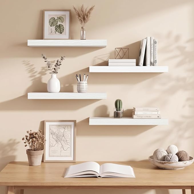 Fixwal Floating Shelves for Wall Decor (White, Set of 4, 15.7 Inch) | MDF Shelves with Metal Brackets, Space Saving for Books, Decor, Works in Bathroom, Kitchen, Living Room, Bedroom