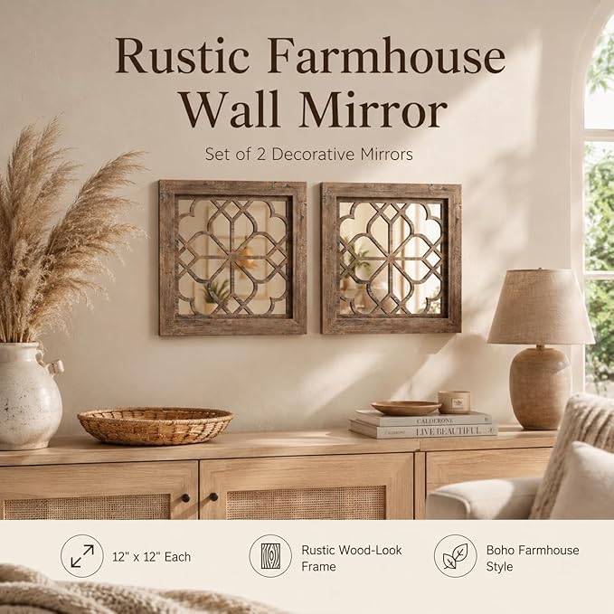 Boho Wall Mirror Decor, Set of 2 Rustic Farmhouse Mirror 12x12 Inch, Square Shatterproof Vintage Style Mirrors for Wall, Small Decorative Mirrors for Living Room, Bedroom，Maroon