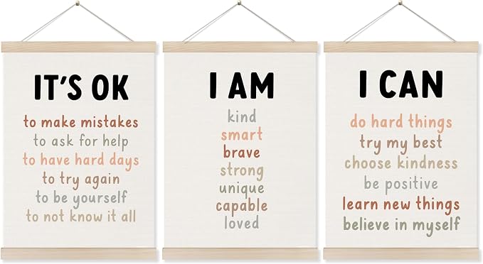 Koesus Inspirational Classroom Wall Art Poster Hanger Frame 12x16 Inch Set of 3, Motivational Canvas Pictures Prints Framed Wall Decor for Classroom Kids Room Playroom, Positive Affirmations for Kids