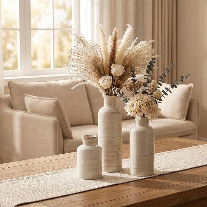3Pcs White Rustic Ceramic Vases, Farmhouse Vases for Home Decor | Decorative Vases for Dining Table, Living Room, Kitchen, Bedroom, Shelf, Fireplace