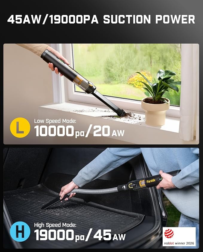 Fanttik Slim V10 APEX Cordless Car Vacuum, 4-in-1 Portable Mini Handheld Vac, Upgraded Smart Digital Display, 19kPa Suction Power, 2 Suction Modes for Small Jobs, Car, Office Desk, Keyboards (Black)