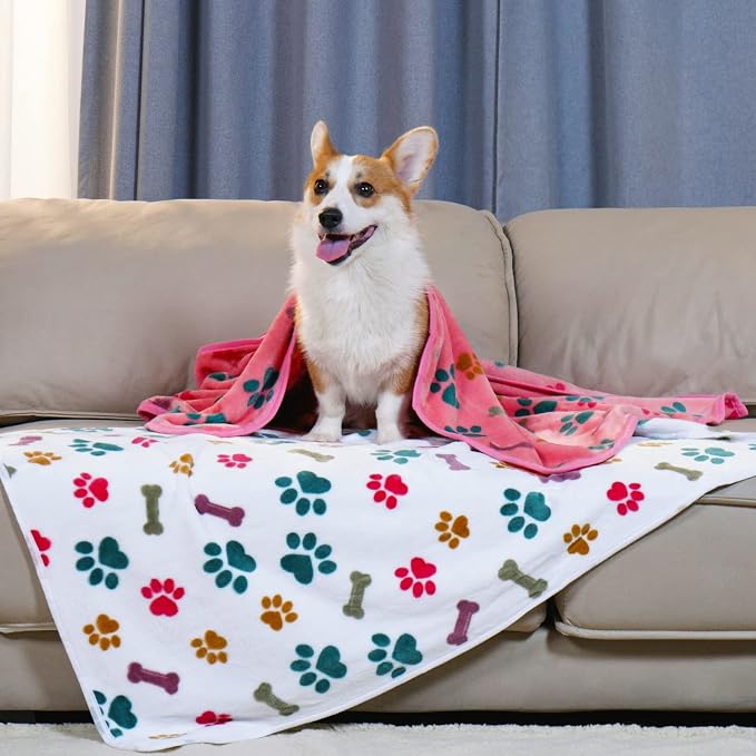 Luciphia 1 Pack 3 Blankets Fluffy Premium Fleece Pet Blanket Flannel Paw Bone Printed Throw for Dog Cat(Small 23x16'', Purple/Pink/White) | Washable Throw Blanket for Crate, Couch, Bed, Travel. Cute Paw & Bone Print. Puppy Essential, Dog Gift,Purple/Pi...