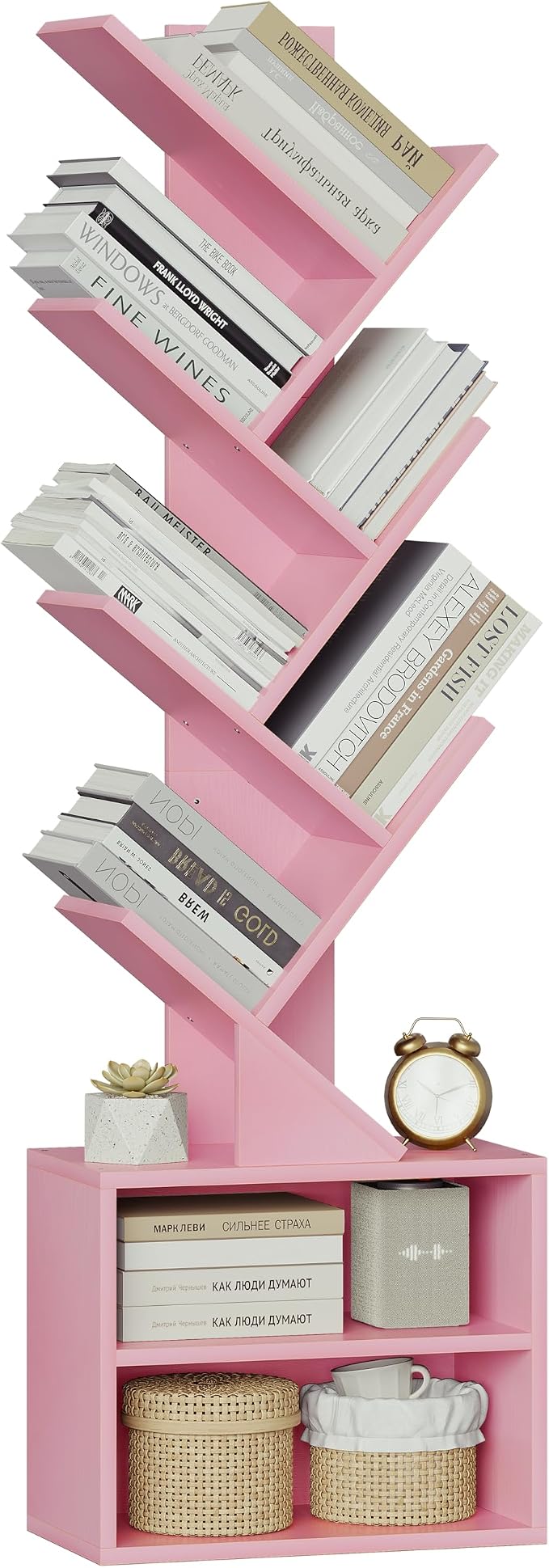 SUNMORY 6 Tier Tree Bookshelf, Tall Small Bookcase with Storage Cabinet | Modern Narrow Bookshelves Organizer, Floor Standing Book Case Shelf for Bedroom Living Room Home Office Corner, Pink