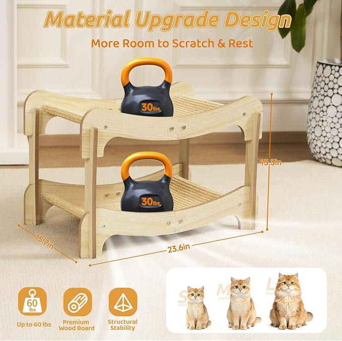 Sisal Cat Scratcher Bed for Indoor Cats, Wooden Cat Furniture | Cat Bunk Bed Natural Sisal Scratch Post for Cats Lounge,Horizontal Cat Scratcher Board to Protect Furniture(Two-Tier)