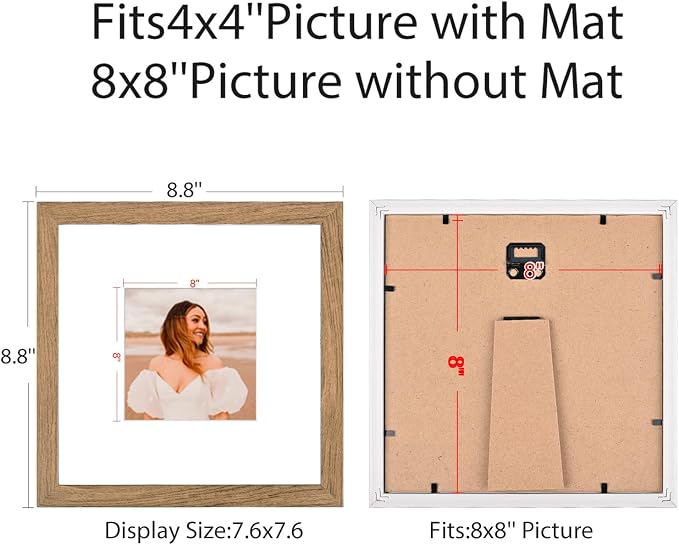 8x8 Picture Frame Set of 9, Display Pictures 4x4 with Mat or 8x8 without Mat, Multi Collage Gallery Square Photo Frames for Wall or Tabletop,Light Brown