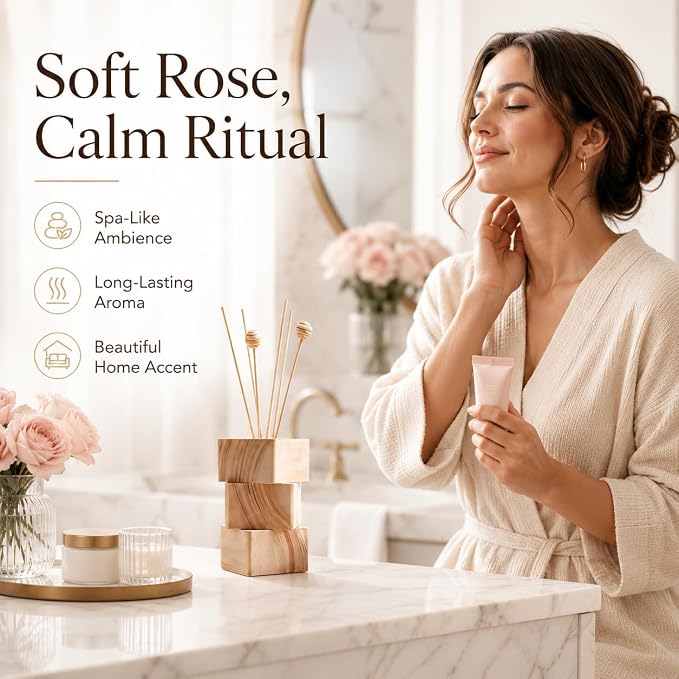 Oud Rose Reed Diffuser for Home, Luxury Hotel Collection Scent Inspired by Ritz Carlton, Long Lasting Fragrance, Minimalist Design, Bathroom Accessories/Bedroom Office Decor Gift, 3.34 Fl Oz