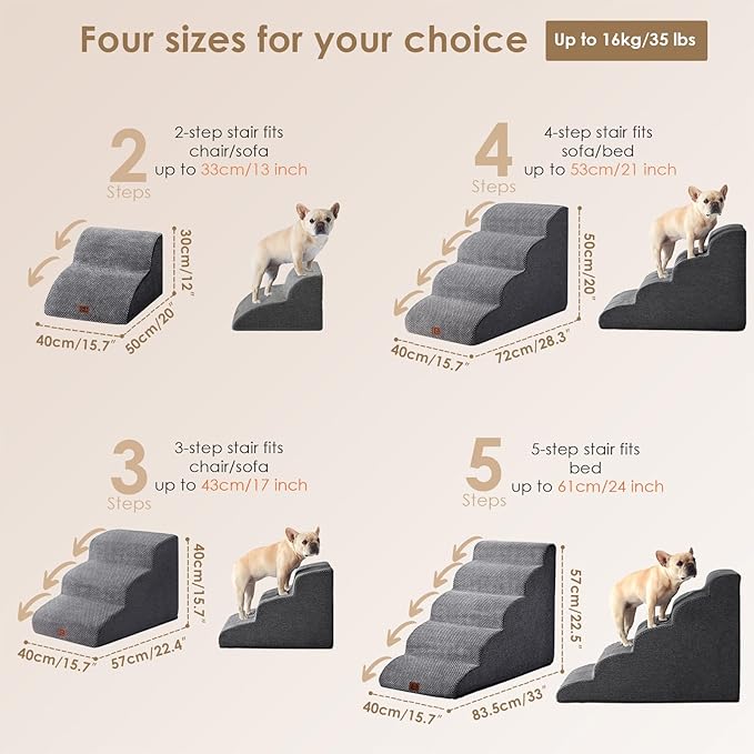 EHEYCIGA Curved Dog Stairs Ramp, 5-Step High Beds, 22.6" H Pet Step | 33D density of pure foam, for Small Dogs and Cats, Pet Stairs for High Bed Climbing, Non-Slip Balanced Pet Step Indoor, Grey
