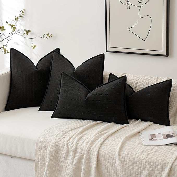 MIULEE Pack of 2 Black Euro Shams Chenille Pillow Covers 22x22 Inch | Decorative Soft Couch Throw Pillows,Farmhouse Cushion Covers,Elegant Design for Sofa,Bed,Living Room,Summer Decor