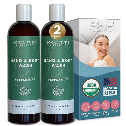 SoCal Suds & Company Organic Shea Butter Body Wash, 2-Pack – Peppermint Liquid Castile Soap for Hand & Body, Moisturizing Plant-Based Organic Soap for Women, Men & Sensitive Skin (12oz Each)