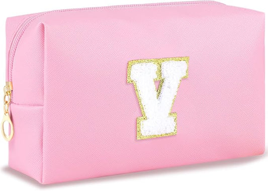 URSKYTOUS Initial Makeup Bag Personalized Preppy Travel Small Cosmetic Bag Cute PU Pink Chenille Letter Makeup Pouch for Purse Waterproof Zippered Toiletry Organizer for Women Girls Kids Friends (V)