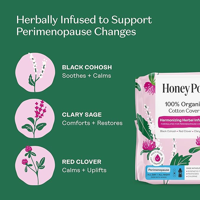 Honey Pot - Perimenopause All Day All Night Pads for Women - 100% Organic Cotton Top Sheet - Feminine Care - Multi-Fluid Absorbency - Harmonizing Herbs of Black Cohosh, Clary Sage, & Red Clover - 11ct