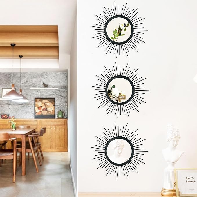 3 Pack Metal Mirrors for Wall Sunburst Wall Mirrors Home Décor Decorative Hanging Wall Art for Living Room Bedroom Entryway (Black, Sunburst)