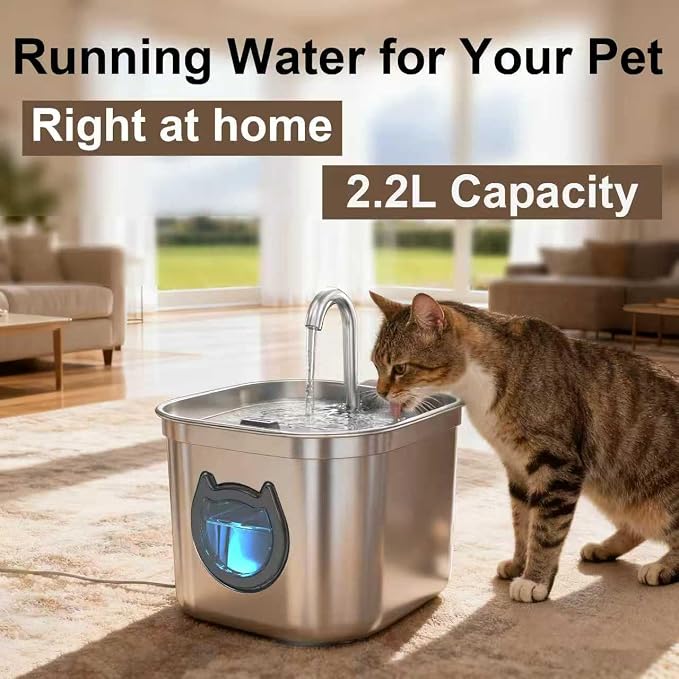 Homtyler Luxury Automatic Cat Water Fountain for Pets, 2.2L/74oz Stainless Steel Dog Water Dispenser with Filter, BPA Free & Silent, Featuring LED Light, Easy Clean & Cat View Window Black