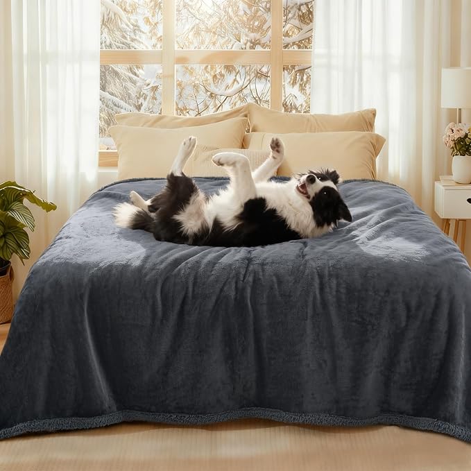 Luciphia Waterproof Bed Blanket Washable, Soft Sherpa Fleece Puppy Reversible Throw Blankets for Medium Large Dog Cat, Furniture Cover Protector Couch Bed from Liquid Pee and Pet Fur, Grey,85" x 57"