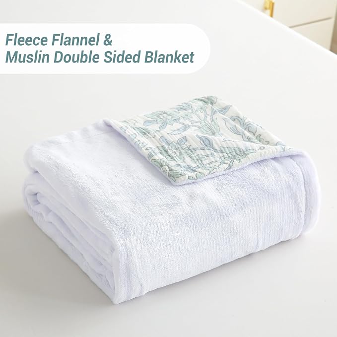 Viviland Fleece Throw Blanket, Green Narcissus, 50x70 inch | Reversible Muslin, Soft for Couch and Bed, Breathable Quilt Bedspread, Gauze Bedding for Adults