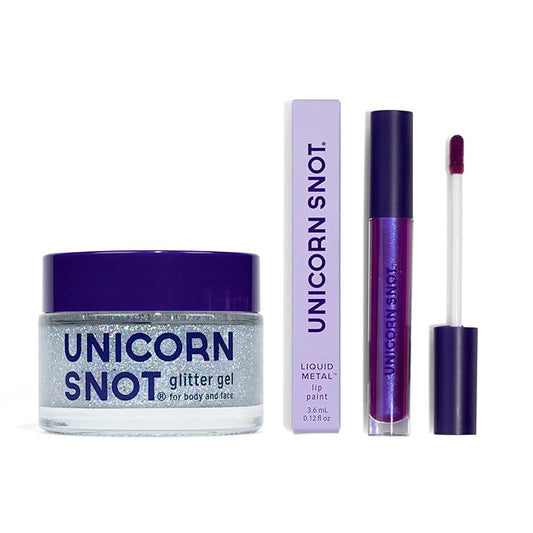 UNICORN SNOT Glitter Gel & Glitter Liquid Metal Lip Paint Bundle - Makeup for Festivals, Raves, Anime Cosplay - Safe for Face, Easy Application & Removal (Disco & Boom)