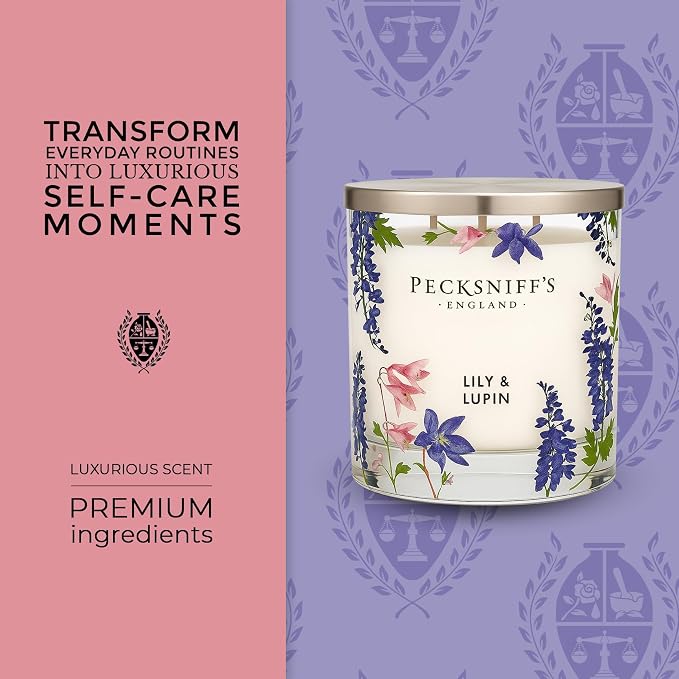 Pecksniff’s 3 Wick Candle – Lily & Lupin, 550 g / 19.4 oz – Long Lasting Burn, Elegant Home Decor & Relaxing Ambiance
