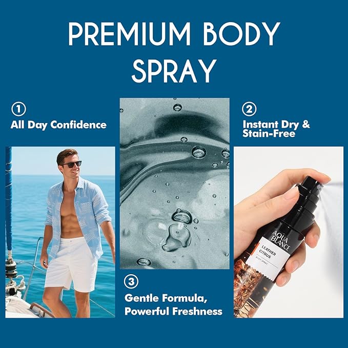 AQUA BLANCE Body Spray for Men, Mens Body Refreshing Spray, Long Lasting, Pack of 3, Each 3.4 Fl Oz, Total 10.2 Fl Oz, Ironwood Spice, Sailor' s Essence, Leather Citrus