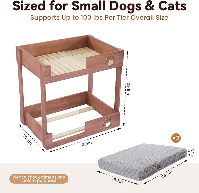 Wooden Bunk Dog Bed with 2 Memory Foam Beds | Modern Pet Furniture, Waterproof Liners, Washable Covers, 31.1 x 20.9 x 29.9 in, Bedside Window Perch, For Medium Dogs & Cats