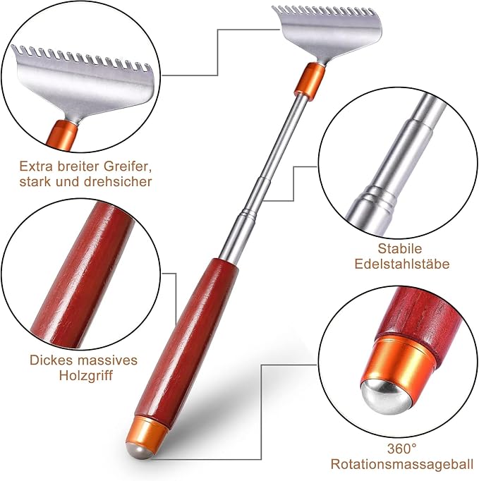 Large Back Scratcher, Body Scratcher for Adults Extendable Long 24Inch, Thick Wooden Handle Steel Massage Roller, Extra Wider Rake Claw, Sturdy Backscratchers Hand Massager Tool