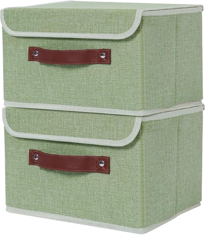 ANMINY Fabric Storage Box Bins with Lids, Green, 13"x9"x7.9", 2 Pack | Keepsake Memory Storage, Cotton Linen, PP Board Reinforced, Washable, PU Handles, Foldable & Stackable, Decorative, Medium