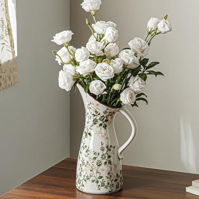 Ceramic Flower Vase for Home Decor, Vintage Green Pitcher Vase 10.5 Inch | Rustic Farmhouse Floral Vase for Wedding Centerpiece, Coffee Table, Living Room, Kitchen, Mantel, Bookshelf, Entryway
