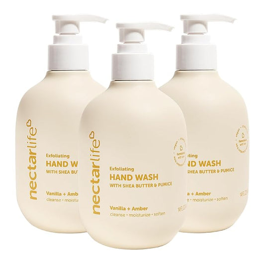 Nectar Life Exfoliating & Moisturizing Hand Wash 3-Pack, Volcanic Pumice for Hand Scrub, Shea Butter Softens Hands, Clean Vegan Ingredients, Vanilla Scent