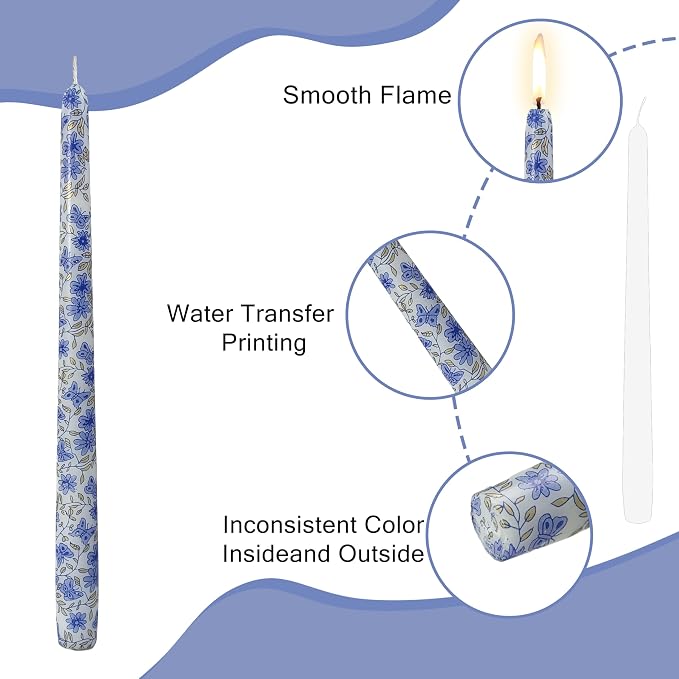 10 inche Floral Candle Sticks Printed Candlestick 4 Pack Blue and White Porcelain Unscented Taper Candle Long Blue Flower Tapered Candles for Home Dinner Wedding Holiday