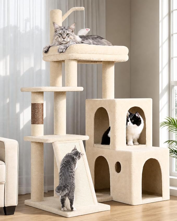 Globlazer F50 Cat Tower for Adult Indoor Cats, 50-inch Heavy Duty Cat Tree for Big Cats, Cat Tree House with Extra-Large Padded Platform, Sisal Scratching Board, 2 Large Condos, Beige