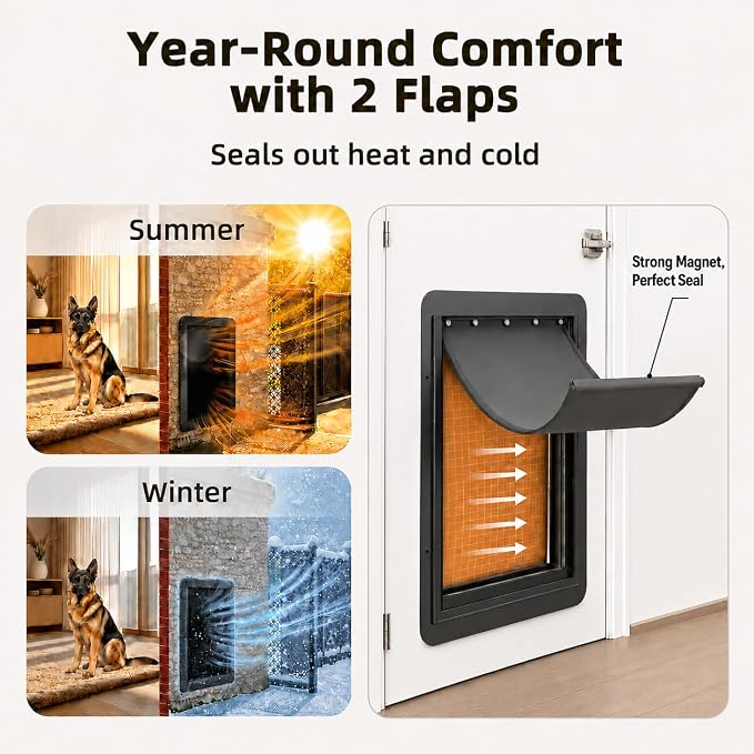 URSPET XL Dog Door for Door, 2-Flap Insulated, Steel Frame, Black | 14.2 x 24.2 in Usable Opening, For 1.7-2.4 in Doors, Compatible with PetSafe Door Cutouts, Lock Handle, Replaceable Flaps