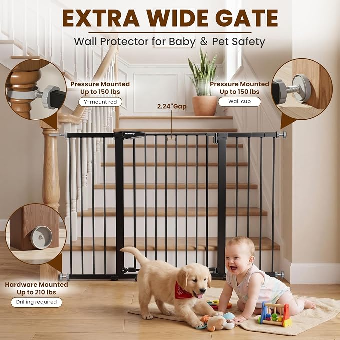 Mumeasy 36" Extra Tall Baby Gate for Stairs, 29.7-54.2" Wide Dog Gate for Doorways, Walk Thru Pet Safety Gate for Indoor, Pressure Mounted with Auto Close, Easy Install No Drill for Toddlers, Black