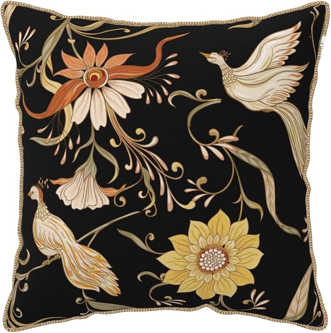 Flowers Birds Velvet Pillow Covers 20x20 Inch Vintage Floral Black Throw Pillows for Couch Farmhouse Cushion Covers Pillowcase Retro Rustic Pillow Cases for Sofa Bed Living Room Outdoor