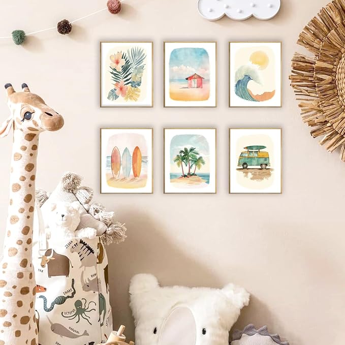 Beach Nursery Poster, Set of 6 Ocean Kids Wall Art Watercolor Summer Surf Wall Decor Beachy Boys Room Decor Funny Teen Coastal Surfboard Canvas Prints Aesthetic Unframed 8x10 inch