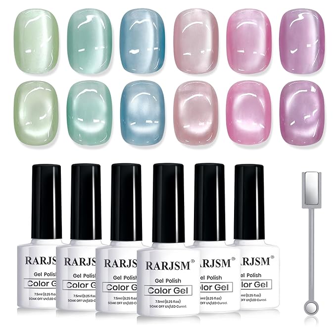RARJSM Sheer Pastel Glaze Glassy Ceramic Cat Eye Gel Nail Polish Set 6Pcs Light Green Mint Sky Blue Nude Rosy Pink Lavender Mauve Moonlight Shimmer Cateye Gelpolish with Magnetic Stick Curing Require