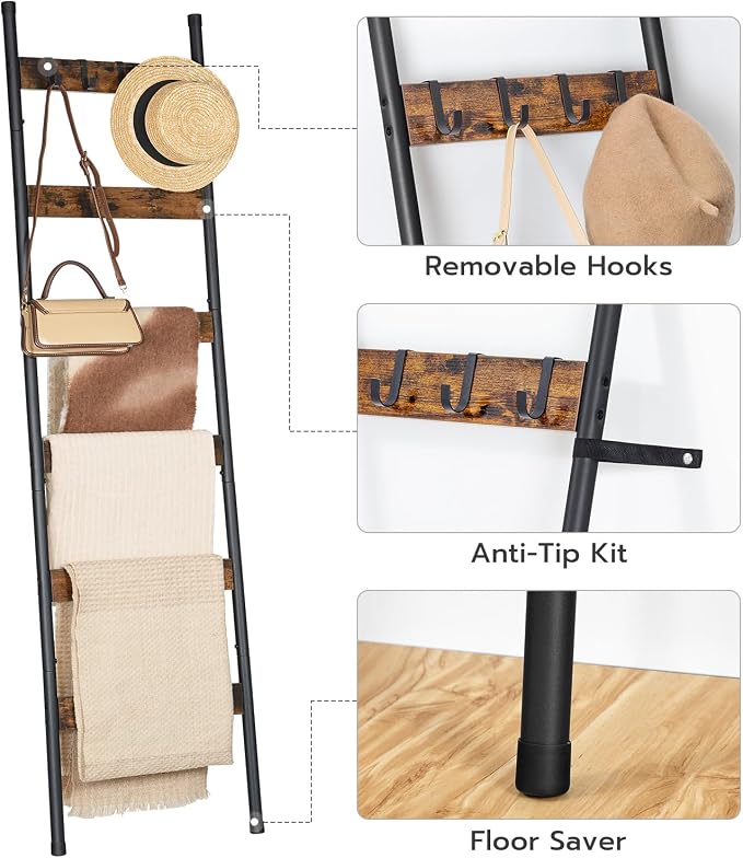 HOOBRO Blanket Ladder, 6-Tier Towel Rack with Hooks, Wall-Leaning Blanket Rack, Decorative Display Ladder Shelf, Scarves, Industrial, Living Room, Bedroom, Rustic Brown and Black BF66CJ01