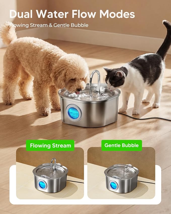 PEKTACO Stainless Steel Cat Water Fountain, 3.2L Drinking Fountain for Pets | Cat water dispenser, dishwasher safe, with triple filtration, quiet pump, and visible water window for cats and small pets