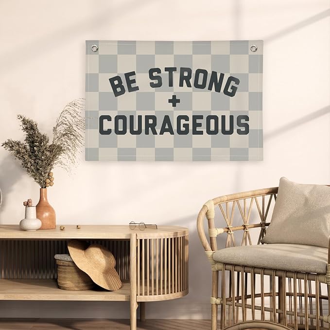 Motivational Quotes Boys Room Decor，Be Strong Courageous Bibie Joshua 1:9 Playroom Decor Linen Canvas Banner,Vintage Checkered Wall Hanging Flag Decor for Kids Toddler Room 30x20 bestrong